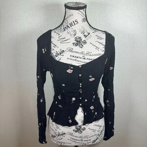 Altar'd State Black Floral Long Sleeve Sweetheart Neckline Crop Top Size Small
